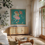 Garden Fairies Blue V by Anne Tavoletti. Shown in a natural wood frame in a cozy modern living room. Available as an archival giclee rolled canvas, fine art paper, or poster print. SKU 95345a.