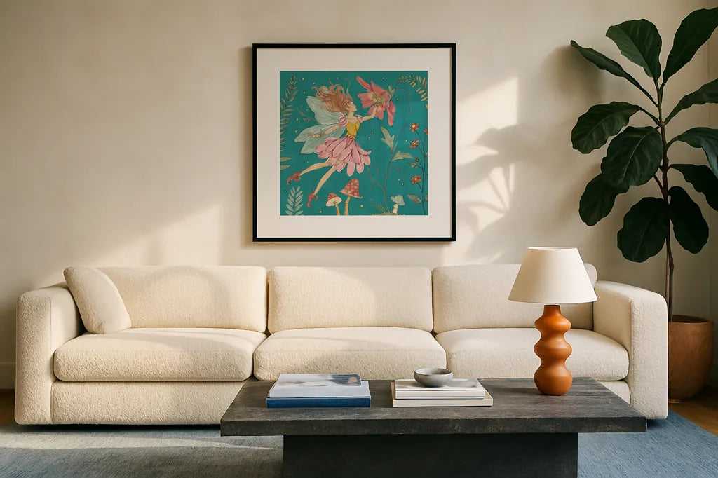 Garden Fairies Blue V by Anne Tavoletti. Displayed in a glass frame with matte in a clean modern living room. Available as an archival giclee rolled canvas, fine art paper, or poster print. SKU 95345a.