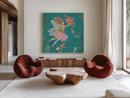Garden Fairies Blue V by Anne Tavoletti. Shown as extra-large giant wall art in a modern living room. Available as an archival giclee rolled canvas, fine art paper, or poster print. SKU 95345a.