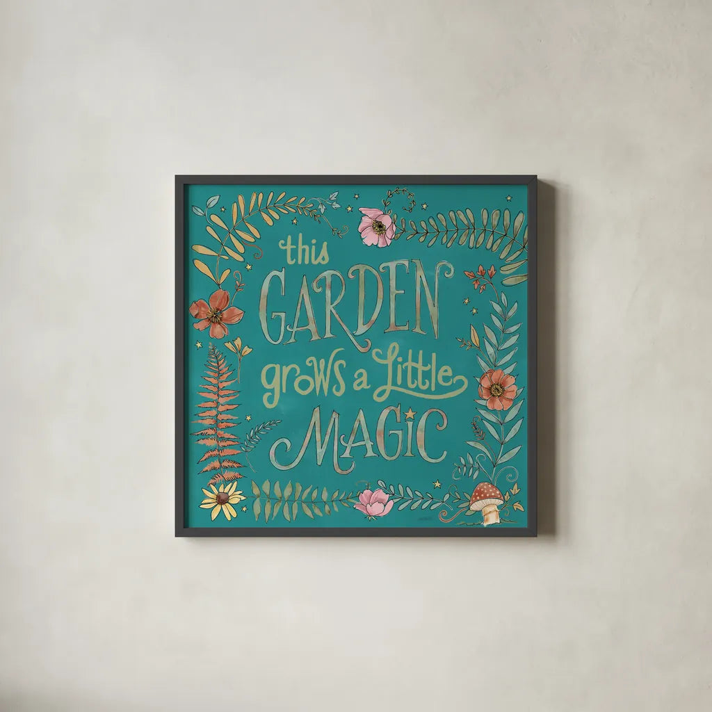 Garden Fairies Blue VI by Anne Tavoletti. Shown in a sleek black glass frame for a contemporary gallery look. Available as an archival giclee rolled canvas, fine art paper, or poster print. SKU 95346a.