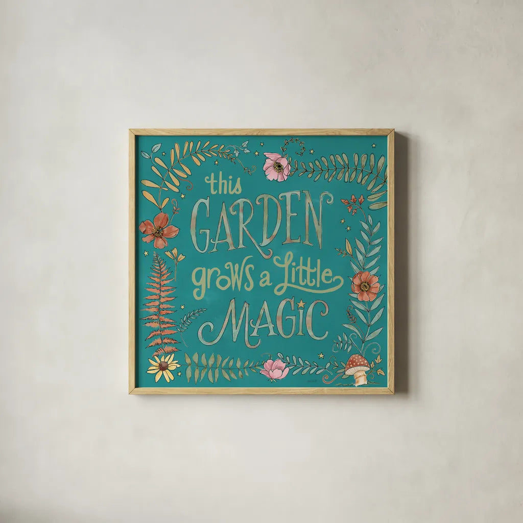 Garden Fairies Blue VI by Anne Tavoletti. Shown in a natural wood glass frame for a timeless modern aesthetic. Available as an archival giclee rolled canvas, fine art paper, or poster print. SKU 95346a.