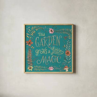 Garden Fairies Blue VI by Anne Tavoletti. Shown in a natural wood glass frame for a timeless modern aesthetic. Available as an archival giclee rolled canvas, fine art paper, or poster print. SKU 95346a.