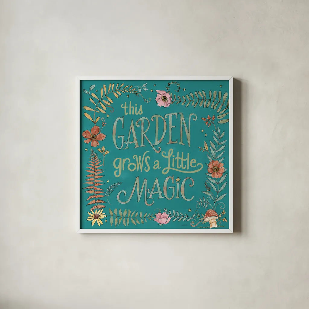 Garden Fairies Blue VI by Anne Tavoletti. Shown in a crisp white glass frame for a clean and minimalist style. Available as an archival giclee rolled canvas, fine art paper, or poster print. SKU 95346a.