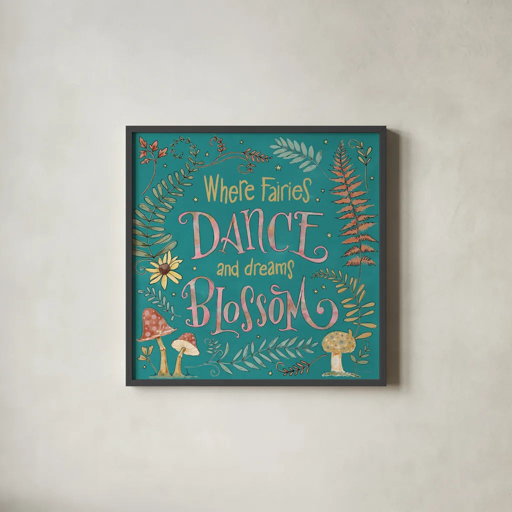 Garden Fairies Blue VII by Anne Tavoletti. Shown in a sleek black glass frame for a contemporary gallery look. Available as an archival giclee rolled canvas, fine art paper, or poster print. SKU 95347a.