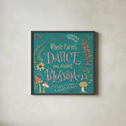 Garden Fairies Blue VII by Anne Tavoletti. Shown in a sleek black glass frame for a contemporary gallery look. Available as an archival giclee rolled canvas, fine art paper, or poster print. SKU 95347a.