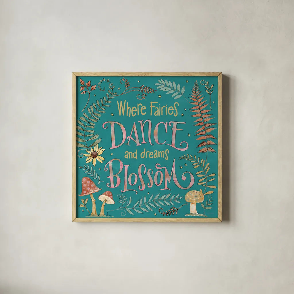 Garden Fairies Blue VII by Anne Tavoletti. Shown in a natural wood glass frame for a timeless modern aesthetic. Available as an archival giclee rolled canvas, fine art paper, or poster print. SKU 95347a.