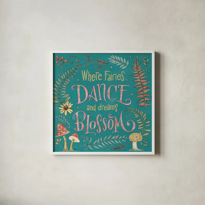 Garden Fairies Blue VII by Anne Tavoletti. Shown in a crisp white glass frame for a clean and minimalist style. Available as an archival giclee rolled canvas, fine art paper, or poster print. SKU 95347a.