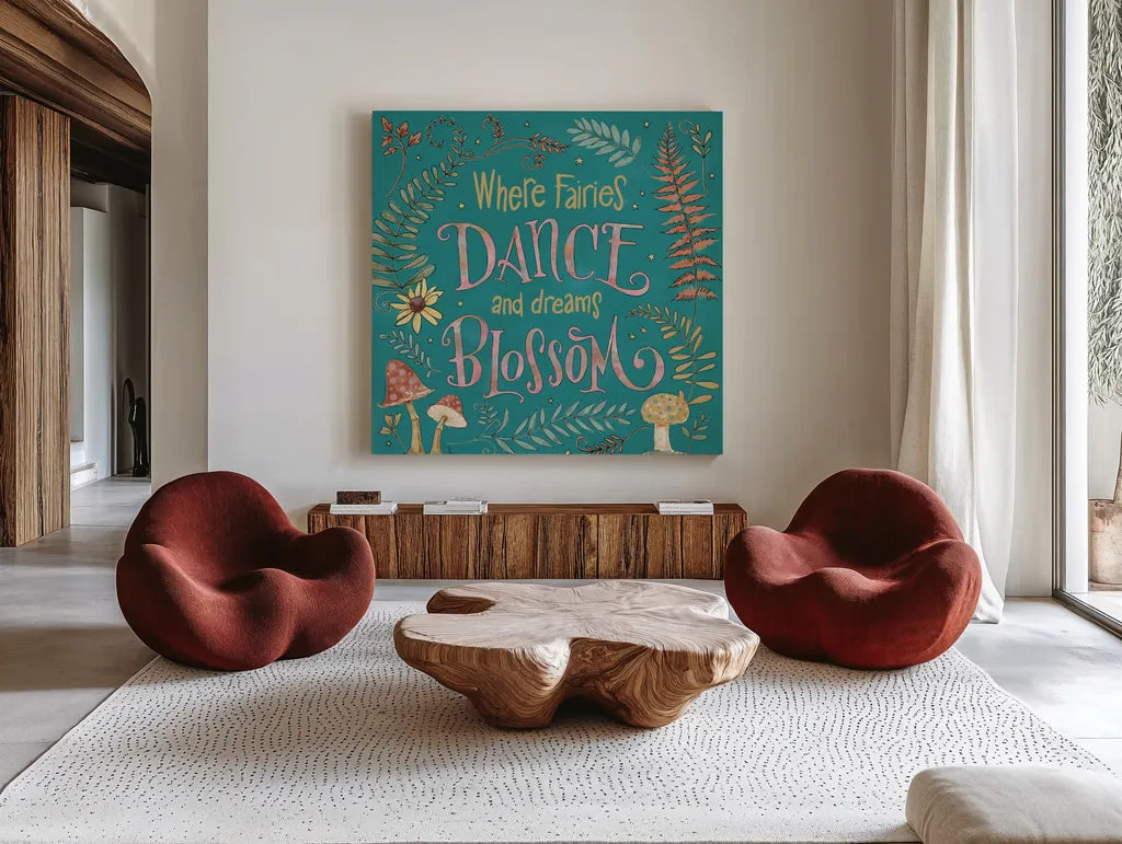 Garden Fairies Blue VII by Anne Tavoletti. Shown as extra-large giant wall art in a modern living room. Available as an archival giclee rolled canvas, fine art paper, or poster print. SKU 95347a.