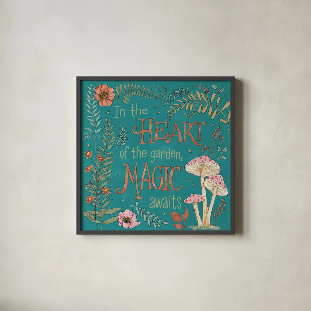 Garden Fairies Blue VIII by Anne Tavoletti. Shown in a sleek black glass frame for a contemporary gallery look. Available as an archival giclee rolled canvas, fine art paper, or poster print. SKU 95348a.