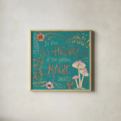 Garden Fairies Blue VIII by Anne Tavoletti. Shown in a natural wood glass frame for a timeless modern aesthetic. Available as an archival giclee rolled canvas, fine art paper, or poster print. SKU 95348a.