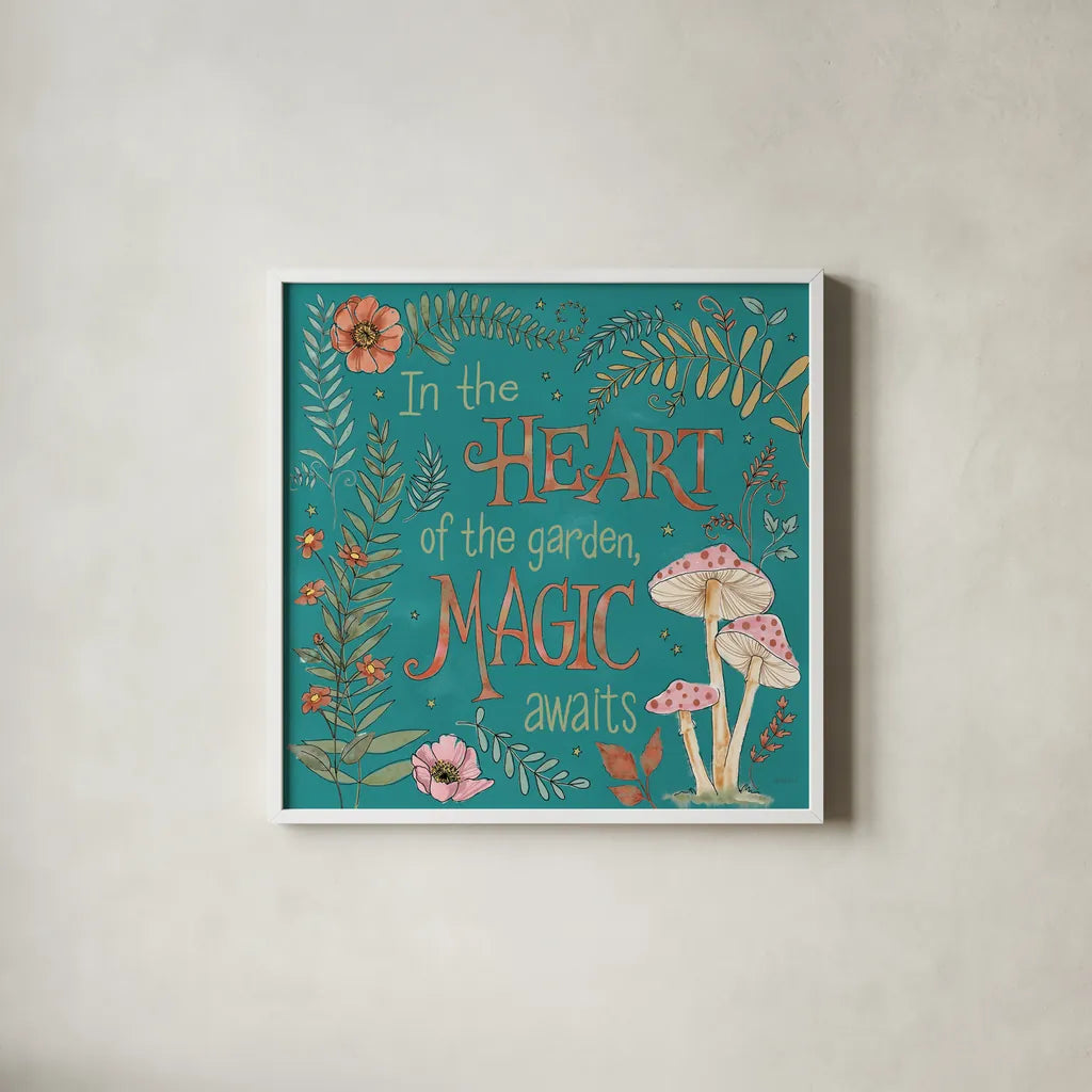 Garden Fairies Blue VIII by Anne Tavoletti. Shown in a crisp white glass frame for a clean and minimalist style. Available as an archival giclee rolled canvas, fine art paper, or poster print. SKU 95348a.