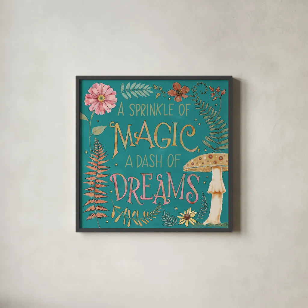 Garden Fairies Blue X by Anne Tavoletti. Shown in a sleek black glass frame for a contemporary gallery look. Available as an archival giclee rolled canvas, fine art paper, or poster print. SKU 95350a.