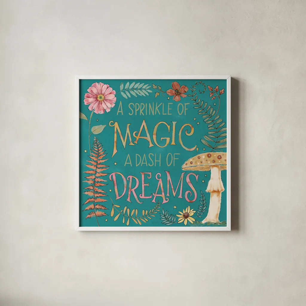 Garden Fairies Blue X by Anne Tavoletti. Shown in a crisp white glass frame for a clean and minimalist style. Available as an archival giclee rolled canvas, fine art paper, or poster print. SKU 95350a.