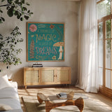 Garden Fairies Blue X by Anne Tavoletti. Shown in a natural wood frame in a cozy modern living room. Available as an archival giclee rolled canvas, fine art paper, or poster print. SKU 95350a.