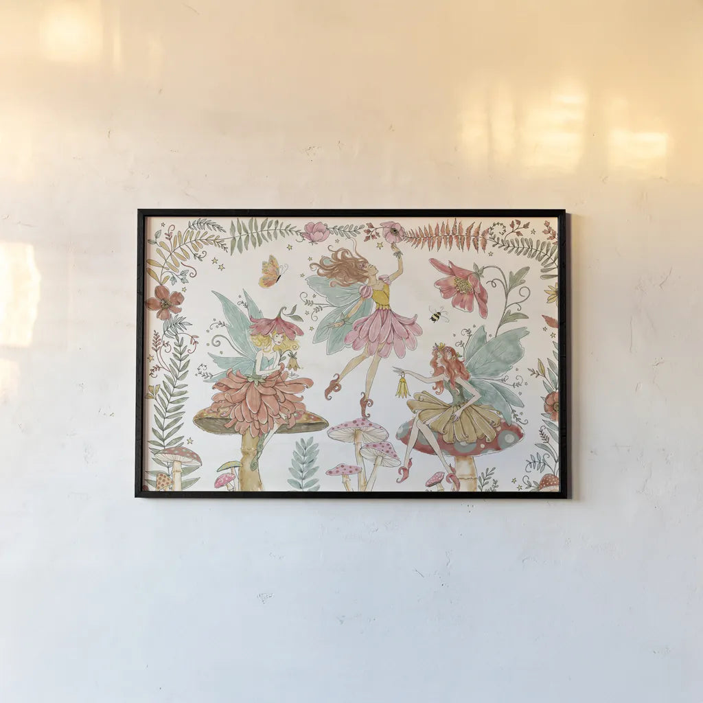 Garden Fairies I by Anne Tavoletti. shown as a paper print in a black flame. Available as a archival giclee rolled canvas, fine art paper, or poster print. SKU 94905i.