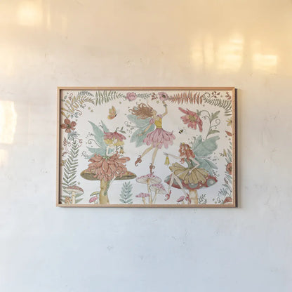 Garden Fairies I by Anne Tavoletti. shown as a paper print in a natural frame. Available as a archival giclee rolled canvas, fine art paper, or poster print. SKU 94905i.