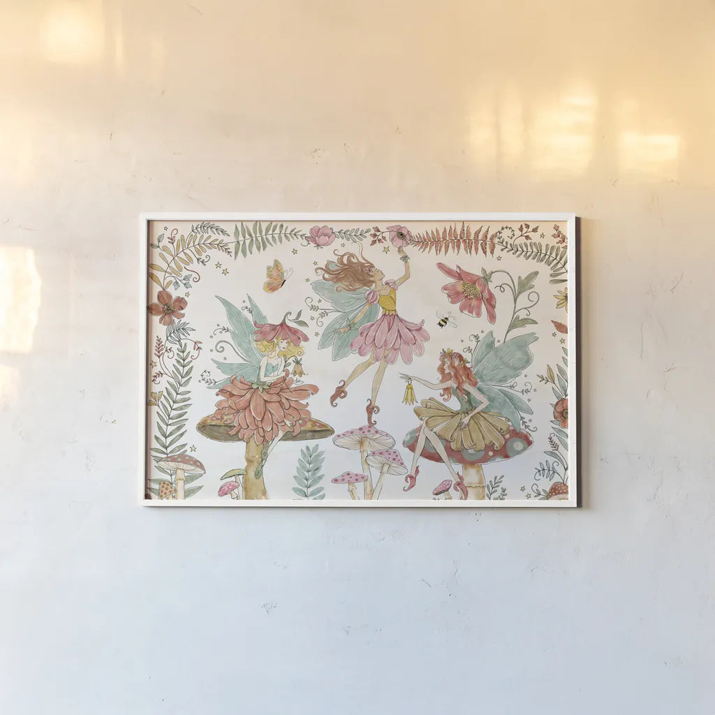Garden Fairies I by Anne Tavoletti. shown as a paper print in a white frame. Available as a archival giclee rolled canvas, fine art paper, or poster print. SKU 94905i.
