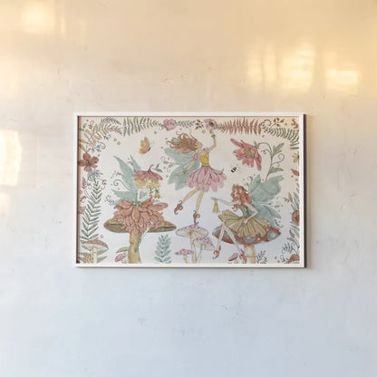 Garden Fairies I by Anne Tavoletti. shown as a paper print in a white frame. Available as a archival giclee rolled canvas, fine art paper, or poster print. SKU 94905i.