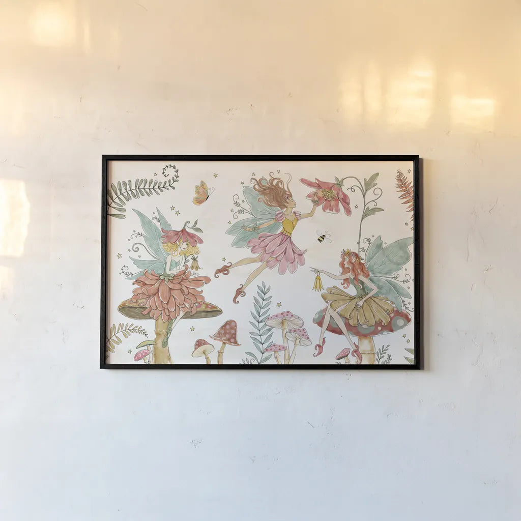 Garden Fairies II by Anne Tavoletti. shown as a paper print in a black flame. Available as a archival giclee rolled canvas, fine art paper, or poster print. SKU 94906i.