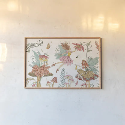 Garden Fairies II by Anne Tavoletti. shown as a paper print in a natural frame. Available as a archival giclee rolled canvas, fine art paper, or poster print. SKU 94906i.