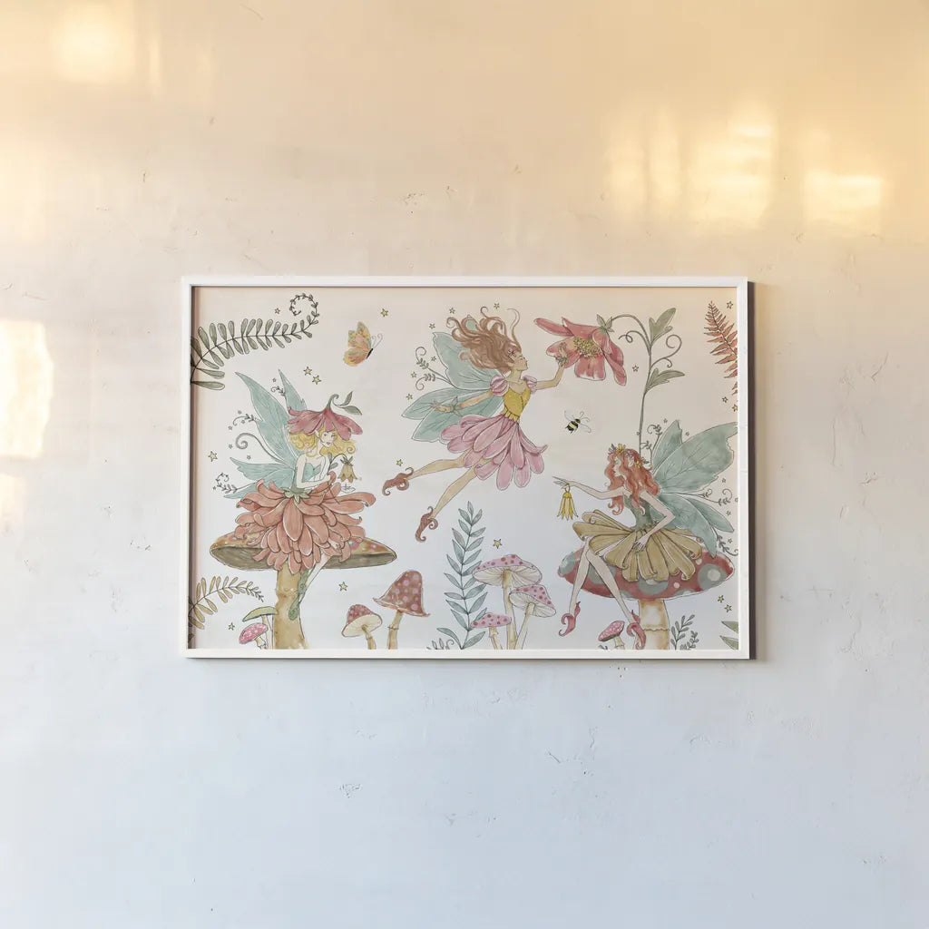 Garden Fairies II by Anne Tavoletti. shown as a paper print in a white frame. Available as a archival giclee rolled canvas, fine art paper, or poster print. SKU 94906i.