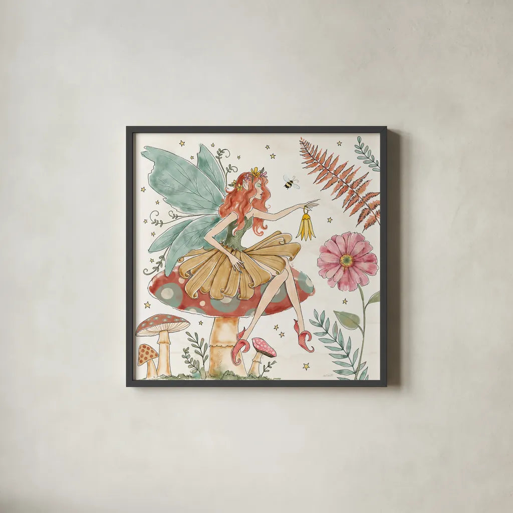 Garden Fairies III by Anne Tavoletti. Shown in a sleek black glass frame for a contemporary gallery look. Available as an archival giclee rolled canvas, fine art paper, or poster print. SKU 94907a.