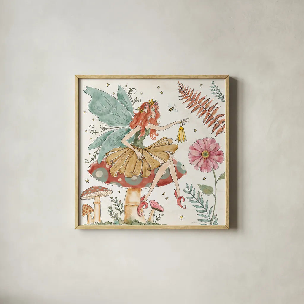 Garden Fairies III by Anne Tavoletti. Shown in a natural wood glass frame for a timeless modern aesthetic. Available as an archival giclee rolled canvas, fine art paper, or poster print. SKU 94907a.