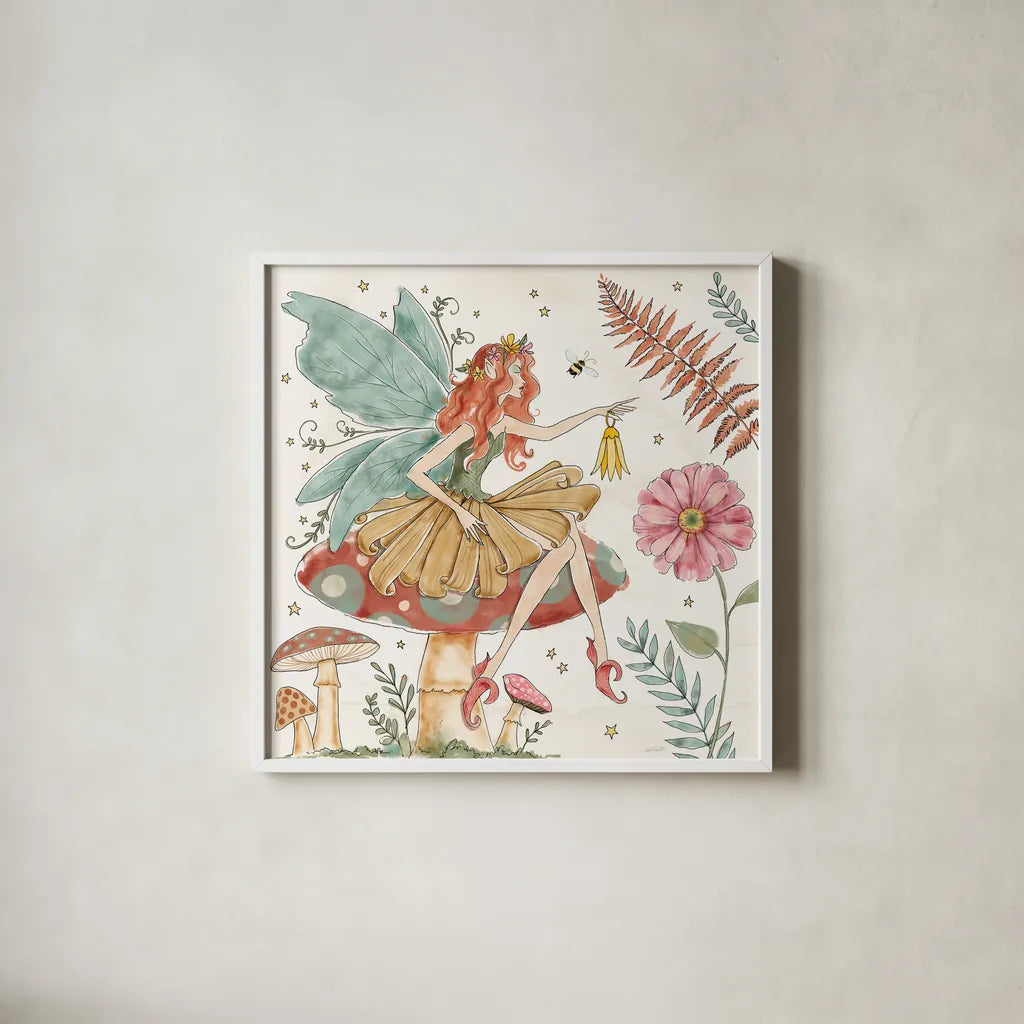 Garden Fairies III by Anne Tavoletti. Shown in a crisp white glass frame for a clean and minimalist style. Available as an archival giclee rolled canvas, fine art paper, or poster print. SKU 94907a.