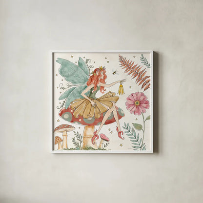 Garden Fairies III by Anne Tavoletti. Shown in a crisp white glass frame for a clean and minimalist style. Available as an archival giclee rolled canvas, fine art paper, or poster print. SKU 94907a.