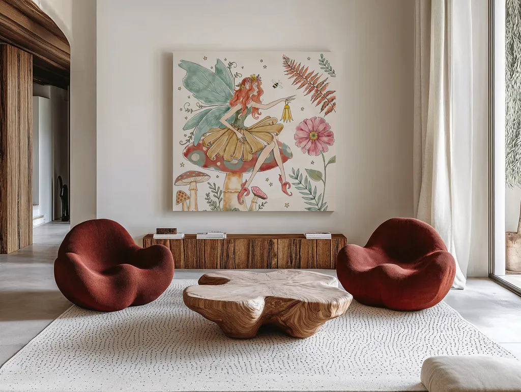 Garden Fairies III by Anne Tavoletti. Shown as extra-large giant wall art in a modern living room. Available as an archival giclee rolled canvas, fine art paper, or poster print. SKU 94907a.