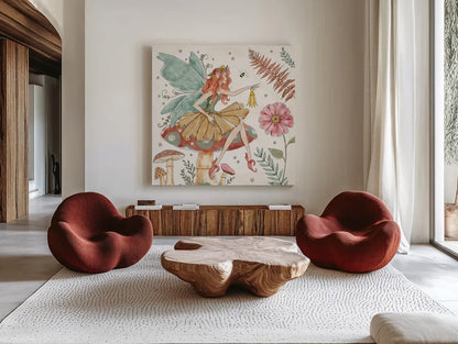 Garden Fairies III by Anne Tavoletti. Shown as extra-large giant wall art in a modern living room. Available as an archival giclee rolled canvas, fine art paper, or poster print. SKU 94907a.