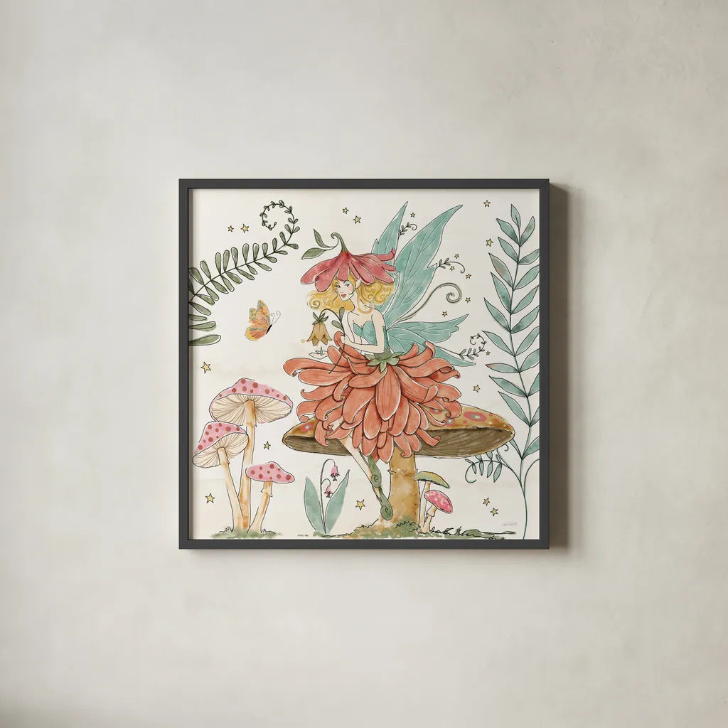Garden Fairies IV by Anne Tavoletti. Shown in a sleek black glass frame for a contemporary gallery look. Available as an archival giclee rolled canvas, fine art paper, or poster print. SKU 94908a.