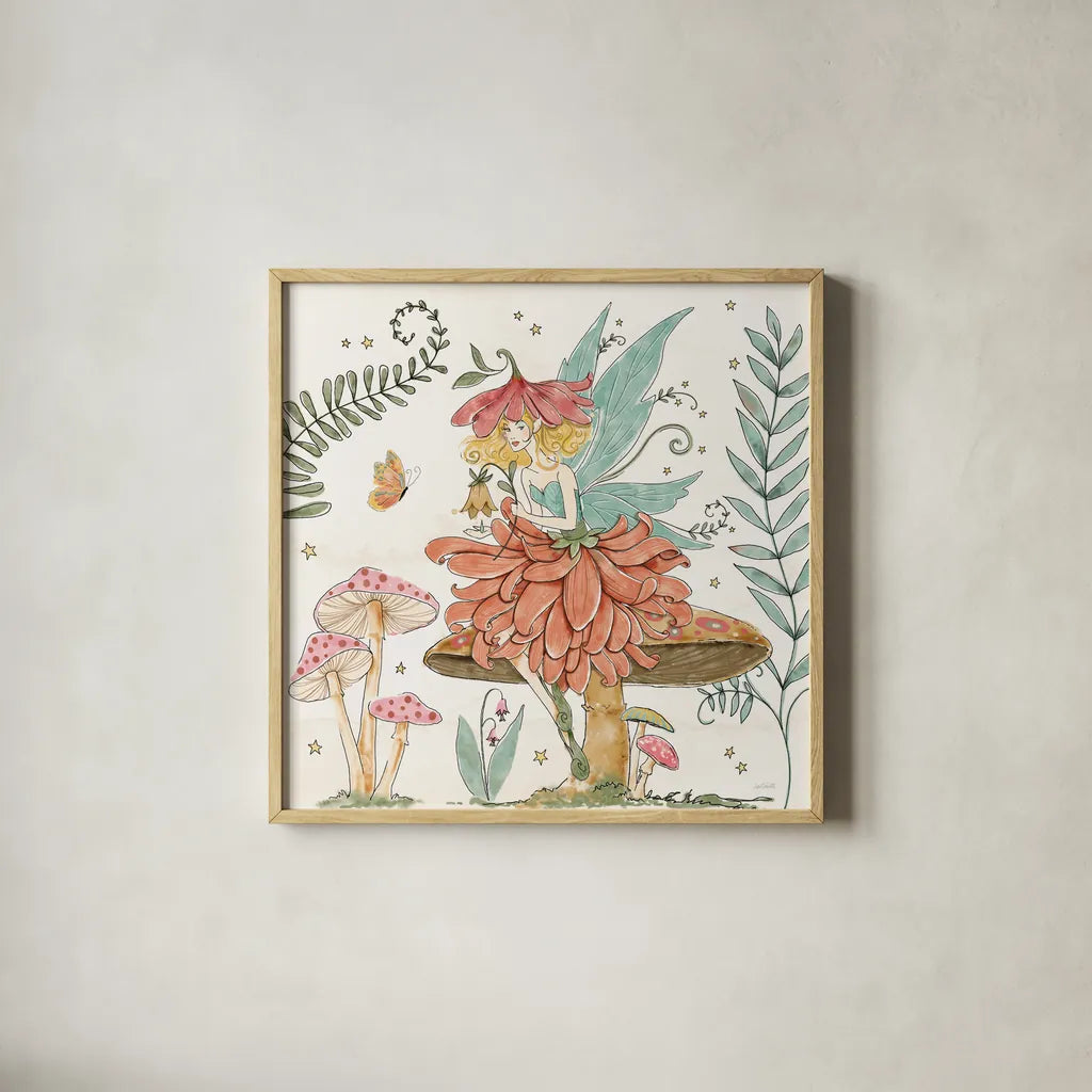 Garden Fairies IV by Anne Tavoletti. Shown in a natural wood glass frame for a timeless modern aesthetic. Available as an archival giclee rolled canvas, fine art paper, or poster print. SKU 94908a.