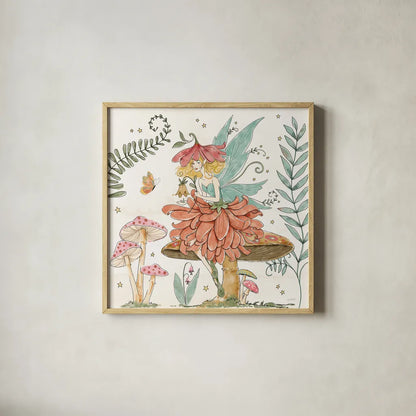 Garden Fairies IV by Anne Tavoletti. Shown in a natural wood glass frame for a timeless modern aesthetic. Available as an archival giclee rolled canvas, fine art paper, or poster print. SKU 94908a.