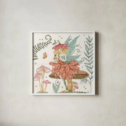 Garden Fairies IV by Anne Tavoletti. Shown in a crisp white glass frame for a clean and minimalist style. Available as an archival giclee rolled canvas, fine art paper, or poster print. SKU 94908a.