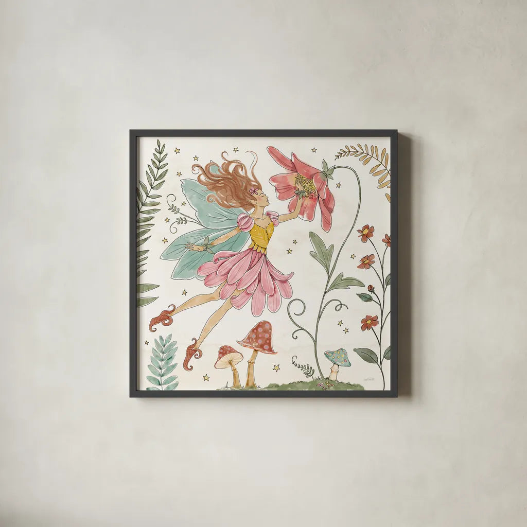 Garden Fairies V by Anne Tavoletti. Shown in a sleek black glass frame for a contemporary gallery look. Available as an archival giclee rolled canvas, fine art paper, or poster print. SKU 94909a.