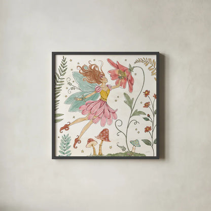 Garden Fairies V by Anne Tavoletti. Shown in a sleek black glass frame for a contemporary gallery look. Available as an archival giclee rolled canvas, fine art paper, or poster print. SKU 94909a.