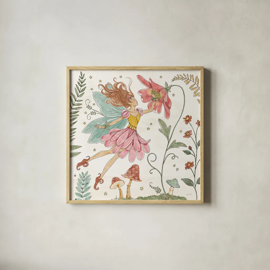 Garden Fairies V by Anne Tavoletti. Shown in a natural wood glass frame for a timeless modern aesthetic. Available as an archival giclee rolled canvas, fine art paper, or poster print. SKU 94909a.