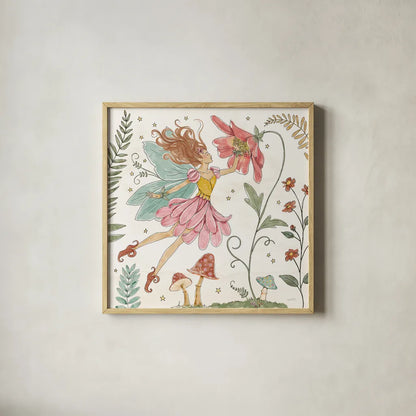 Garden Fairies V by Anne Tavoletti. Shown in a natural wood glass frame for a timeless modern aesthetic. Available as an archival giclee rolled canvas, fine art paper, or poster print. SKU 94909a.