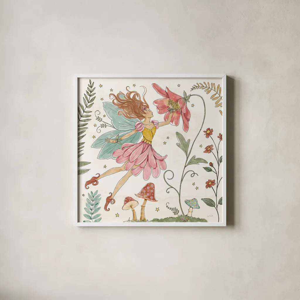 Garden Fairies V by Anne Tavoletti. Shown in a crisp white glass frame for a clean and minimalist style. Available as an archival giclee rolled canvas, fine art paper, or poster print. SKU 94909a.