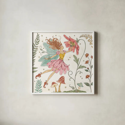 Garden Fairies V by Anne Tavoletti. Shown in a crisp white glass frame for a clean and minimalist style. Available as an archival giclee rolled canvas, fine art paper, or poster print. SKU 94909a.