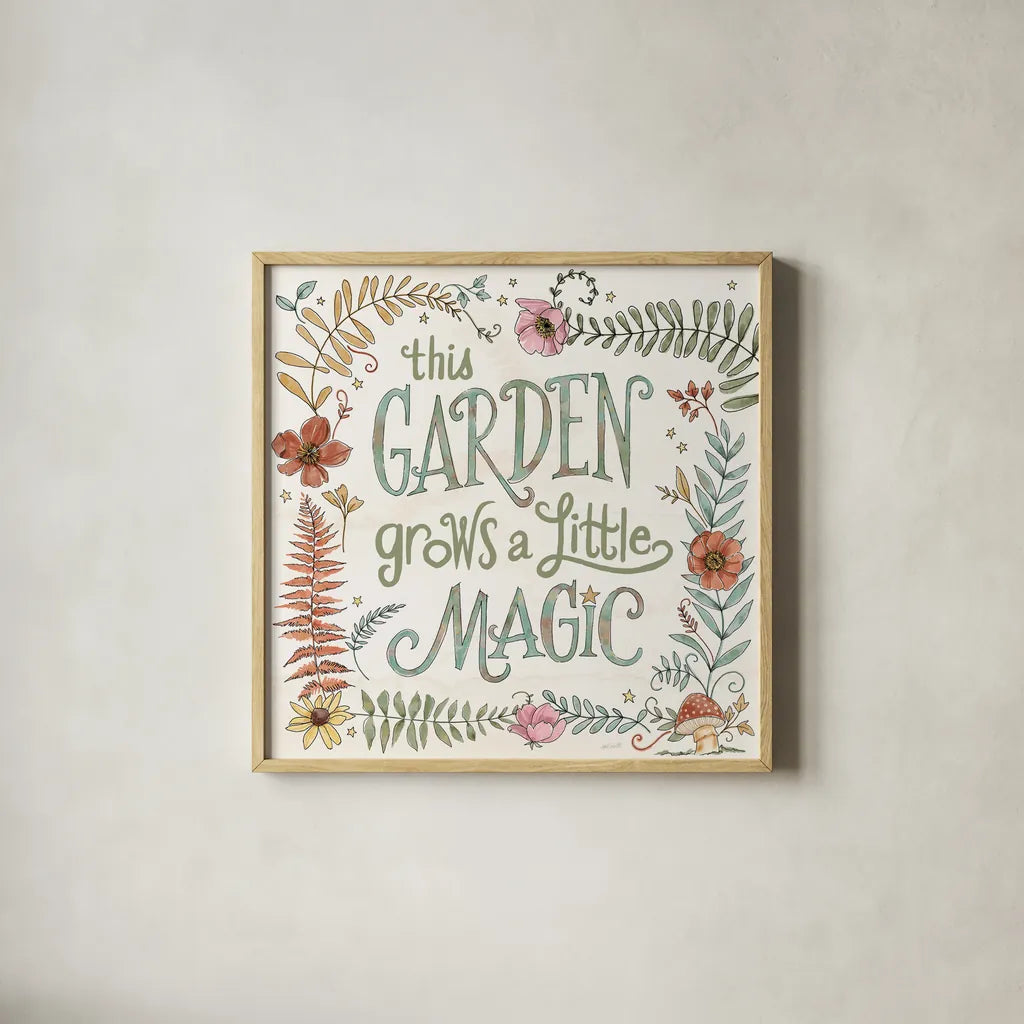 Garden Fairies VI by Anne Tavoletti. Shown in a natural wood glass frame for a timeless modern aesthetic. Available as an archival giclee rolled canvas, fine art paper, or poster print. SKU 94910a.