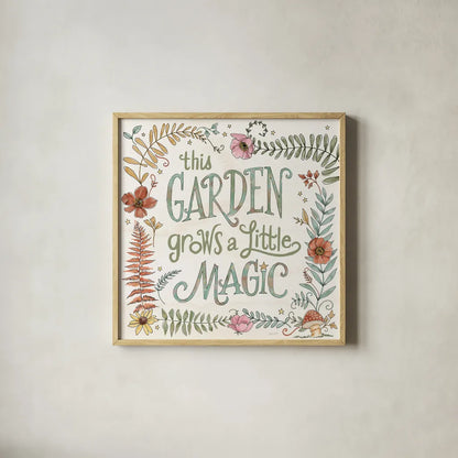 Garden Fairies VI by Anne Tavoletti. Shown in a natural wood glass frame for a timeless modern aesthetic. Available as an archival giclee rolled canvas, fine art paper, or poster print. SKU 94910a.