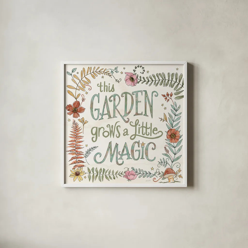 Garden Fairies VI by Anne Tavoletti. Shown in a crisp white glass frame for a clean and minimalist style. Available as an archival giclee rolled canvas, fine art paper, or poster print. SKU 94910a.