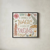 Garden Fairies X by Anne Tavoletti. Shown in a sleek black glass frame for a contemporary gallery look. Available as an archival giclee rolled canvas, fine art paper, or poster print. SKU 94914a.