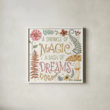 Garden Fairies X by Anne Tavoletti. Shown in a crisp white glass frame for a clean and minimalist style. Available as an archival giclee rolled canvas, fine art paper, or poster print. SKU 94914a.