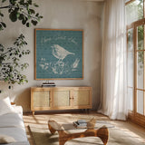 Garden Tones VI by Anne Tavoletti. Shown in a natural wood frame in a cozy modern living room. Available as an archival giclee rolled canvas, fine art paper, or poster print. SKU 84861a.
