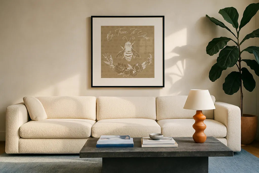 Garden Tones VII True by Anne Tavoletti. Displayed in a glass frame with matte in a clean modern living room. Available as an archival giclee rolled canvas, fine art paper, or poster print. SKU 86307a.