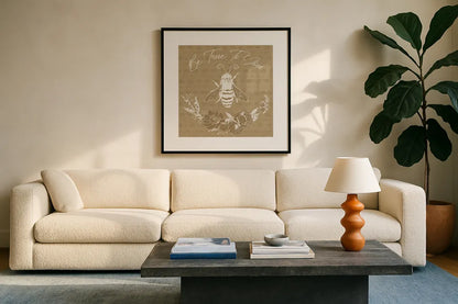 Garden Tones VII True by Anne Tavoletti. Displayed in a glass frame with matte in a clean modern living room. Available as an archival giclee rolled canvas, fine art paper, or poster print. SKU 86307a.