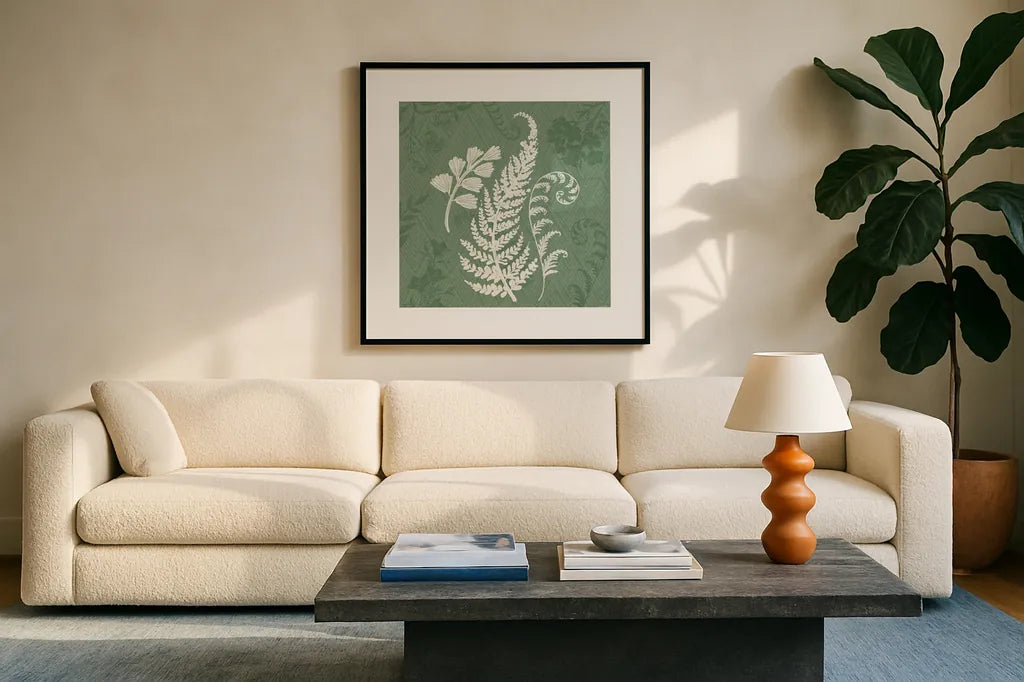 Garden Tones X by Anne Tavoletti. Displayed in a glass frame with matte in a clean modern living room. Available as an archival giclee rolled canvas, fine art paper, or poster print. SKU 84865a.